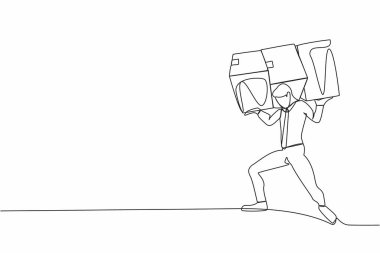 Sırtında ağır kutular taşıyan bitkin iş adamının tek sıra çizimi. İş stresi. Bürokrasi, evrak işleri, büyük veri analizleri. Bir çizgi grafik tasarım vektör çizimi