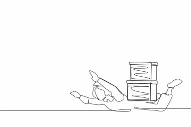 Arabistanlı işadamını ağır bir yük altına çeken tek satır. Karton yığınıyla çok çalışan bir adam. İş stresi. Bürokrasi. Aralıksız çizgi çizimi tasarım grafik vektör çizimi