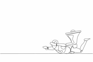 Ağır megafon yükü altında sürekli gerilmiş bir robot çizgisi. Fabrika iletişiminde çatışma ve sorun. İnsansı robot sibernetik organizma. Tek çizgi çizimi tasarım vektör çizimi