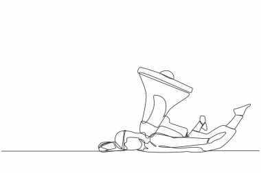 Tek sıra halinde ağır megafon yükü altında Arap işadamını çekiyor. Çatışma ve iletişim sorunları. Zorbalık, iş yerinde taciz. Modern sürekli çizgi tasarımı grafik vektör çizimi