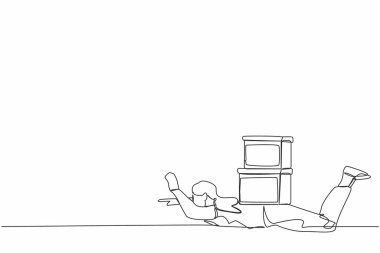 Tek sıra halinde ağır yük altında mutsuz iş kadınlarını çekiyor. İş stresi. Bürokrasi, evrak işleri, büyük veri konsepti. Modern sürekli çizgi çizimi tasarım grafik vektör çizimi