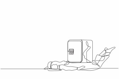 Tek sıra halinde, Arap işadamını ağır bir emanet kasası yükünün altına çekiyor. Salgın krizinde para kaybı, şirket borçları ve iflası ödeyemiyor. Devamlı çizgi çizimi tasarım vektörü illüstrasyonu