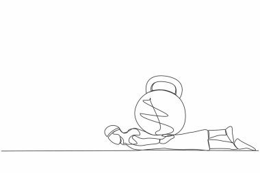 Tek sıra halinde, ağır bir yük altında Arap işadamını çekiyor. Finansal kriz ve kredi ödemesi. İş, zihinsel stres, iflas, borç. Bir çizgi çizimi tasarım vektörü illüstrasyonu