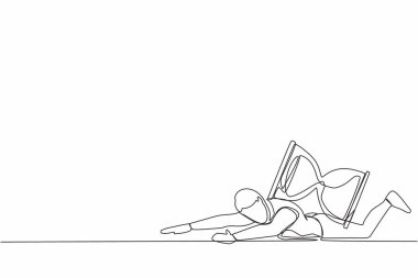 Ağır kum saati yükü altında depresif iş adamının tek sıra çizimi. Mutsuz ofis memurunun zaman yönetimi sorunları var. İş yoğunluğu. Bir çizgi çizimi grafik tasarım vektör çizimi