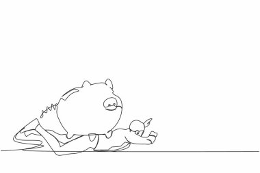 Depresyondaki işadamlarının ağır bir banka yükü altında tek sıra çizimi. Beş parasız ve mali sorunlar konsepti. Kriz anında para aramak. Bir çizgi çizimi grafik tasarım vektör çizimi