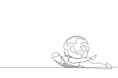 Tek sıra halinde ağır dünya yükü altında depresif bir işadamını çekiyor. İklim değişikliği, küresel ısınma sorumluluğu, dünya liderinin gezegenimize göz kulak olma sözü. Devamlı çizgi tasarım vektörü