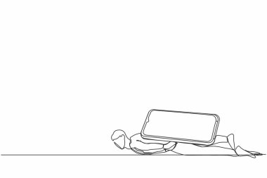 Ağır akıllı telefon yükü altında depresif iş adamının sürekli çizdiği tek çizgi. Stresli ve yorgun hissediyorum. Yorgunluk, depresyon, aşırı çalışma sorunu. Bir çizgi grafik tasarım vektör çizimi