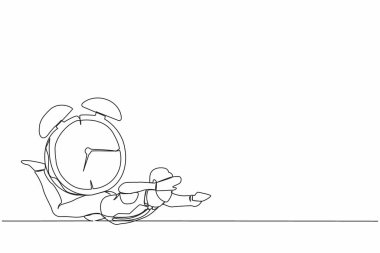 Saatin ağır yükü altında depresif işadamlarının sürekli çizdiği bir çizgi. Son teslim tarihlerini tamamlama baskısı. Stresli işçi çünkü çok iş var. Tek çizgi çizimi tasarım vektör çizimi