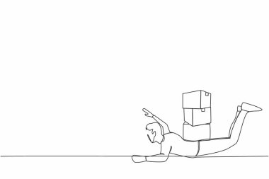 Tek sıra halinde depresif iş adamlarını ağır yük altına çekiyor. Karton yığınları olan çok çalışan bir adam. İş stresi. Bürokrasi. Bir çizgi grafik tasarım vektör çizimi