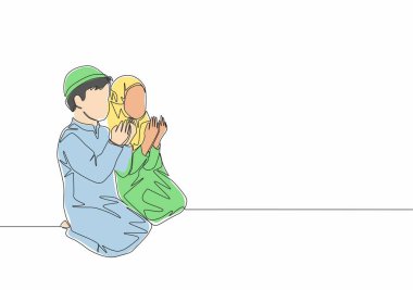 Müslümanların ve müslümanların Tanrı 'ya dua ettiği aralıksız bir çizgi. İslam kutsal günü Ramazan Kareem ve Bayram Mübarek tebrik kartı konsepti Tek satır tasarım vektörü illüstrasyonu