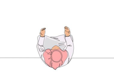 Müslümanların sürekli çizdiği bir çizgi yukarı ve yukarı doğru dua ederek ellerini kaldırır. İslam kutsal günü Ramazan Kareem ve Bayram Mübarek, tek satır tasarım vektörü illüstrasyonu için dua ediyorlar.