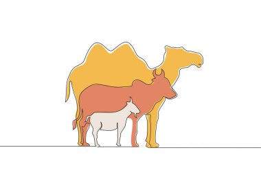 Keçi, koyun, bufalo, inek ve deve çizimleri. Müslüman bayramı bir hayvan kurban etme, Kurban Bayramı tebrik kartı konsepti bir satır tasarım illüstrasyonu