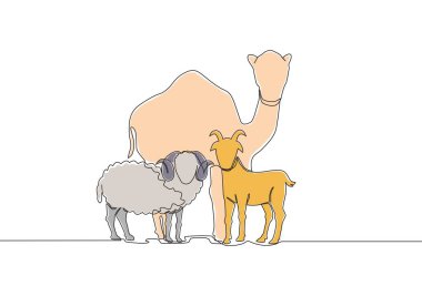 Sürekli bir koyun, deve ve keçi çizimi. Müslüman bayramı, bir hayvanı Tanrı 'ya kurban etmek, Kurban Bayramı tebrik kartı konsepti tek satır tasarım illüstrasyonu