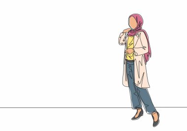 Başörtüsü takan genç ve mutlu bir muslimah 'ın tek bir çizgisi hoş bir poz veriyor. Güzel Asyalı kadın modeli moda tesettür moda konsepti devamlı çizgi çizimi tasarım çizimi illüstrasyonu