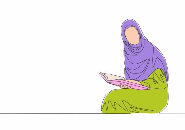 Kütüphanede türban okuyan genç ve çekici bir muslimah çizimi. Güzel Asyalı kadın modeli moda tesettür moda konsepti devamlı çizgi çizimi tasarım çizimi illüstrasyonu