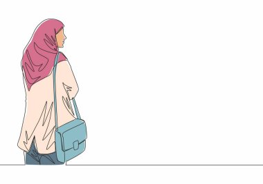 Geleneksel Arap kumaşına cep çantasıyla genç tatlı muslimah çizimi. Moda tesettüre sahip güzel Asyalı kadın modeli bir satır tasarım vektörü çizimi illüstrasyonu