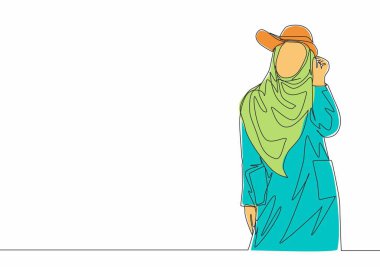 Şirin bir şapka takan ve güzel poz veren genç ve mutlu bir kız çizimi. Güzel Asyalı kadın modeli moda tesettür moda konsepti devamlı çizgi çizimi tasarım çizimi illüstrasyonu