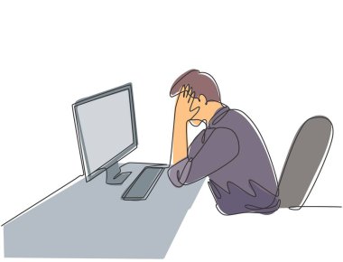Finansal yıllık raporları okuduktan sonra genç ve yorgun bir şirket çalışanının tek sıra çizimi. Ofis konseptinde çalışma yorgunluğu bir satır tasarım vektörü illüstrasyonuName