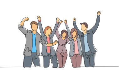 Bir grup mutlu genç CEO ve meslektaşlarının şirket iş hedefine ulaşma başarılarını kutladıkları tek bir çizgi. Takım çalışması hedef kavramı sürekli çizgi çizimi tasarım illüstrasyonu