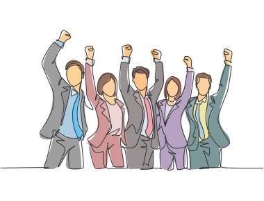 Erkek menajer ve kadın yöneticilerden oluşan tek bir çizim onların başarısını kutluyor ve iş hedefine ulaşıyorlar. Takım çalışması hedef kavramı sürekli çizgi çizimi tasarım çizimi illüstrasyonu