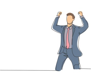 Yatırımcılardan gelen yeni ödeneği kutlamak için genç ve mutlu CEO 'nun tek bir çizgisi havada duruyor. İş finansmanı kavramı sürekli çizgi çizimi tasarım çizimi illüstrasyonu