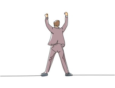 Genç ve mutlu bir iş adamının başarısını kutlamak için ellerini havaya kaldırdığı tek bir çizgi. İş anlaşması konsepti sürekli çizgi çizimi tasarım vektörü illüstrasyonu