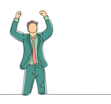 Yatırımcılardan gelen yeni ödeneği kutlamak için genç ve mutlu CEO 'nun tek bir çizgisi havada duruyor. İş finansmanı kavramı sürekli çizgi çizimi tasarım çizimi illüstrasyonu