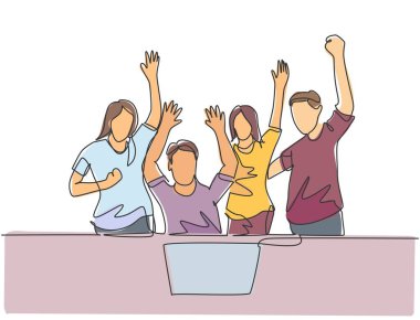 Genç mutlu bir bayanın sürekli çizdiği çizgiler CEO 'luk yapmaya başlar ve astları başarılarını kutlayarak iş hedefine ulaşırlar. Takım çalışması hedef kavramı tek çizgi tasarım illüstrasyonuName