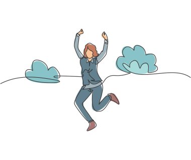 Genç ve mutlu bir iş kadınının tek sıra halinde atlayıp ellerini havaya kaldırması başarıyı kutluyor. İş kutlaması konsepti. Aralıksız çizgi çizimi grafik tasarım vektörü çizimi