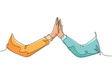 Başarıyı kutlamak için ofis kıyafetleri içinde el kol hareketi yapan iki adamın çizdiği bir çizgi. Takım çalışması konsepti. Moda sürekli çizgi çizimi grafik tasarımı illüstrasyonu