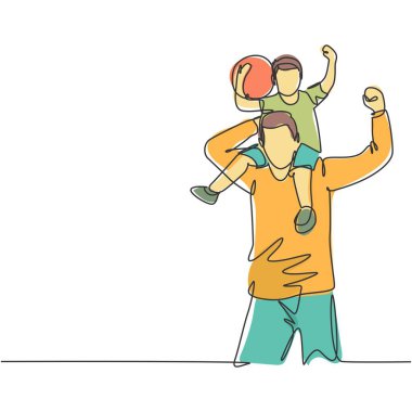 Genç mutlu bir babanın çizdiği bir çizgi çocuklarını omuzlarından kaldırıp açık hava parkında birlikte oynadığı bir çizgi. Ebeveyn aile kavramı. Aralıksız çizgi çizimi tasarım grafik vektör çizimi