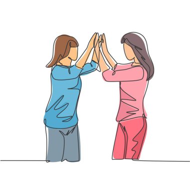 İki en iyi arkadaşın bir araya geldiği ve sokakta buluşurken beşlik çaktığı tek sıra çizimi. Arkadaşlık konsepti sürekli çizgi çizimi tasarım vektör illüstrasyonu