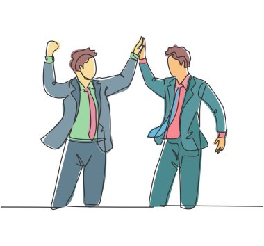 İki mutlu iş adamının birbirini tamamlayan hedeflerini beşlik bir hareketle kutladığı bir çizgi. İş anlaşması konsepti sürekli çizgi çizimi tasarım çizimi grafik çizimi