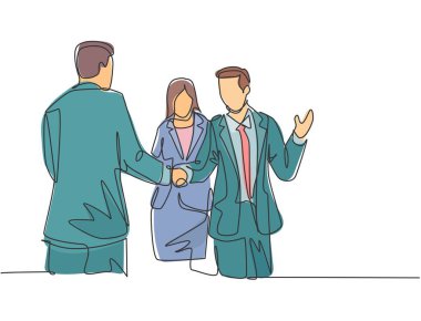 İş adamının sürekli çizdiği çizgiler bir proje için meslektaşıyla tokalaşıyor. İş toplantısı konsepti. Tek çizgi çizimi, tasarım vektörü çizimi