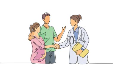 Kadın doğum uzmanı ve jinekolog el sıkışması çizimleri ve mutlu genç çifti hamilelikleri için tebrik etmek. Tıbbi kontrol konsepti. Bir çizgi çizimi vektör illüstrasyonu