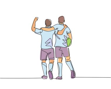 İki futbolcunun aralıksız çizimleri bir top getirir ve sportmenliği göstermek için birlikte yürürler. Futbol sporu konseptine saygı. Bir çizgi çizimi vektör illüstrasyonu