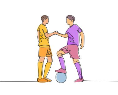 Maça başlamadan önce sportmenliğini göstermek için sürekli iki futbolcunun el sıkışması. Futbol sporu konseptine saygı. Bir çizgi çizimi vektör illüstrasyonu