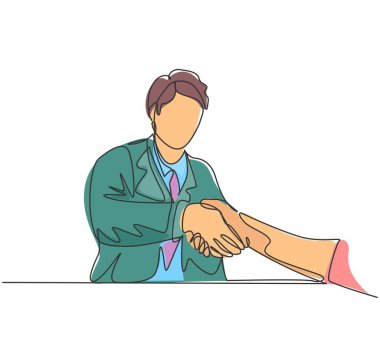 Laboratuvarda test yaptıktan sonra genç doktorun sürekli olarak hastayla tokalaşması. Sağlık hizmeti tıbbi kontrol konsepti. Bir çizgi çizimi vektör illüstrasyonu