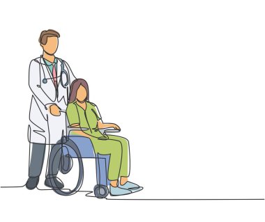 Hastanedeki tekerlekli sandalyeli yaşlı hastayı ziyaret edip el sıkışırken çekilmiş bir çizim. Sağlık sigortası konsepti. Aralıksız çizgi çizimi vektör illüstrasyonu