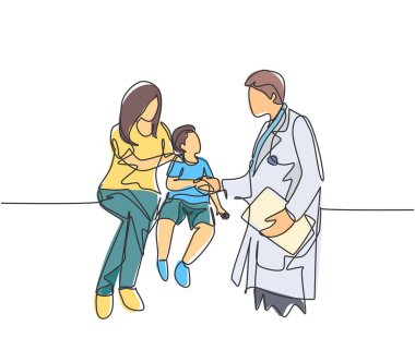 Genç bir hastanın elini sıkarken çekilmiş bir çizim ve durumunu kontrol et. Sağlık hizmeti sağlık durumu konsepti. aralıksız çizgi çizimi vektör illüstrasyonu