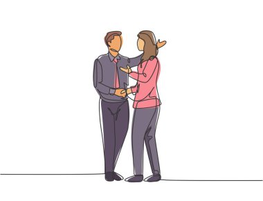 İş adamlarının iş kadınıyla tokalaşırken tek sıra çizimi. Harika bir takım çalışması. Devamlı çizgi çizim biçimi illüstrasyonlu iş anlaşması kavramı