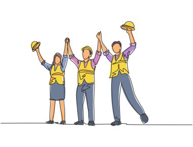 One line drawing of young architect woman and builder wearing construction vest fist their hands up the air to celebrate a project deal. Great teamwork concept. Continuous line drawing illustration clipart