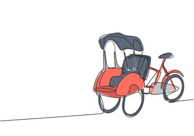 Endonezya 'da, üç tekerleği ve ön koltuğu ve arkada sürücü koltuğu bulunan tek bir hat çizilmektedir. Aralıksız çizgi çizimi tasarım grafik vektör çizimi.