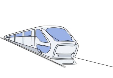Ön taraftan görülen tek bir tren hattı yolcuları hızlı, güvenli ve rahat bir şekilde gidecekleri yere götürmeye hazırlanıyor. Modern sürekli çizgi çizimi tasarım grafik vektör çizimi.