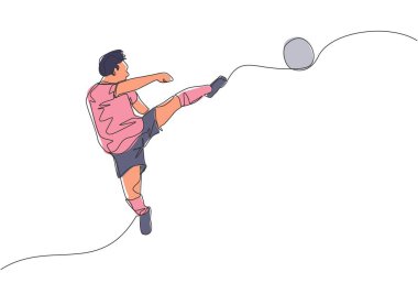Genç mutlu futbolcunun saha stadyumunda atlarken topa tekme attığı tek bir çizim. Futbol maçı spor konsepti. Devamlı çizgi çizimi tasarım vektörü illüstrasyonu