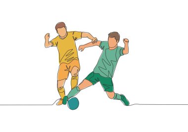 Maçta top için savaşan iki futbolcunun sürekli çizdiği tek çizgi. Futbol maçı spor konsepti. Bir çizgi çizimi tasarım vektörü illüstrasyonu