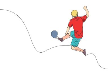 Genç ve enerjik bir futbolcunun topa sert bir şekilde vurduğu bir çizgi. Futbol maçı spor konsepti. Tek çizgi çizimi tasarım vektör çizimi