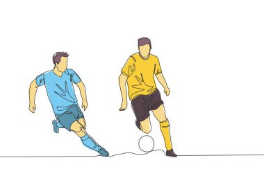 Genç ve enerjik futbolcunun sürekli çizdiği tek çizgi. Rakip oyuncuyu kovalıyor ve top ona geçiyor. Futbol maçı spor konsepti. Bir çizgi çizimi tasarım vektörü illüstrasyonu