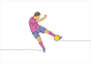 Genç yetenekli futbolcunun topa ilk tekme tekniğiyle sürekli vurduğu bir çizgi. Futbol maçı spor konsepti. Tek çizgi çizimi tasarım vektör çizimi