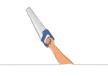 El testeresi tutan adamın sürekli çizdiği tek çizgi. Tamirci aletleri konsepti. Bir çizgi çizimi vektör tasarımı illüstrasyonu